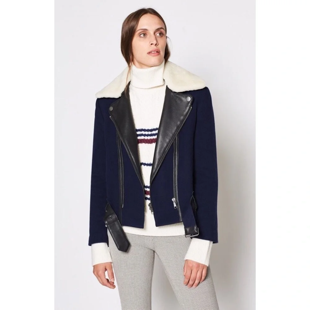 NWT JOIE FAYANA WOOL- LEATHER COZY NAVY MOTO JACKET - Picture 1 of 13